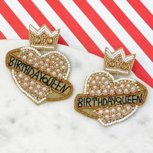 Birthday Queen Heart Beaded Dangle Earrings in Jet